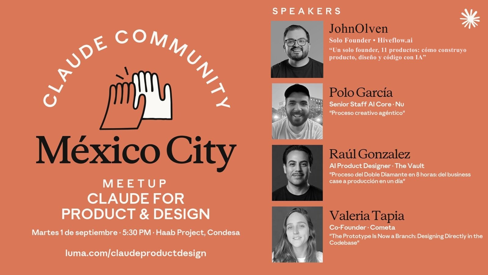 Conferencia: Un Solo Fundador, 11 Productos: Producto, Diseño y Código con IA - En el meetup Claude for Product & Design conté cómo construyo once productos en producción siendo un solo fundador. La respuesta honesta a "¿cómo le haces solo?" no es que trabaje mucho: es que dejé de hacer producto, diseño e ingeniería en serie. Un equipo normal pasa el trabajo de una función a otra, y cada traspaso cuesta días y pierde información; cuando eres uno solo con buenas herramientas no tienes traspasos, tienes un ciclo que cierras tú. Eso no te hace más rápido por magia, te hace más rápido porque eliminas la coordinación, que era el costo invisible. También conté lo que se pierde, que es la parte que menos se dice: nadie te contradice, nadie cubre tus puntos ciegos, y hay un techo. La ventaja no es ser mejor: es que el costo de intentar bajó tanto que puedes permitirte estar equivocado once veces. Compartieron escenario Polo García, Raúl González y Valeria Tapia. por JohnOlven en Ciudad de México, México
